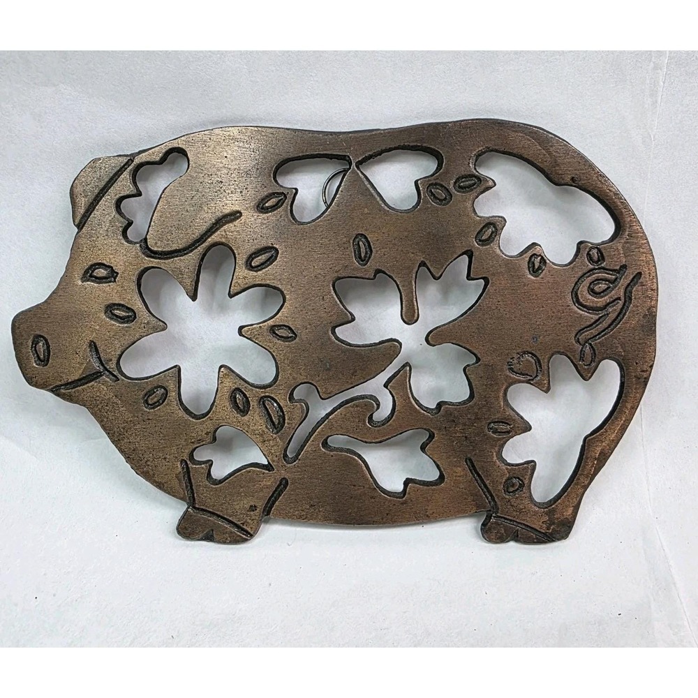 Vintage Copper Plated Pig Trivet Cast Iron‎ Wall Hanging Decor 8.5" X 5.5"